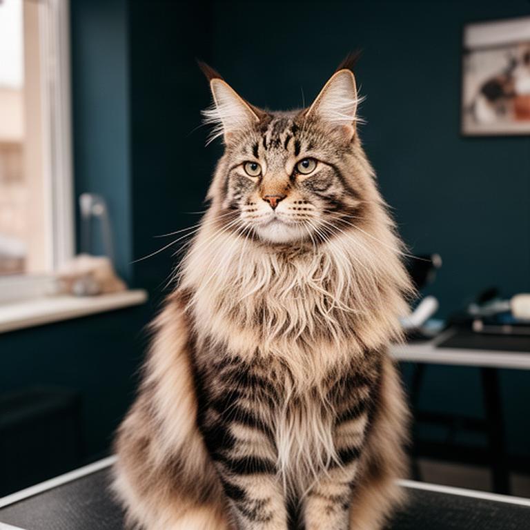 Gato Maine Coon con pelaje largo y desenredado en una sala tranquila de peluquería felina en Mula