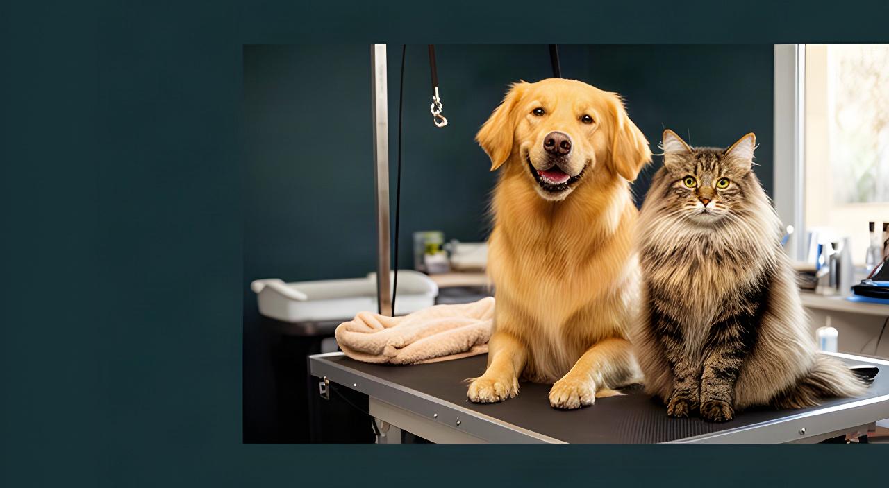Perro de pelo dorado y gato de pelo largo recién aseados en una peluquería de mascotas de Mula